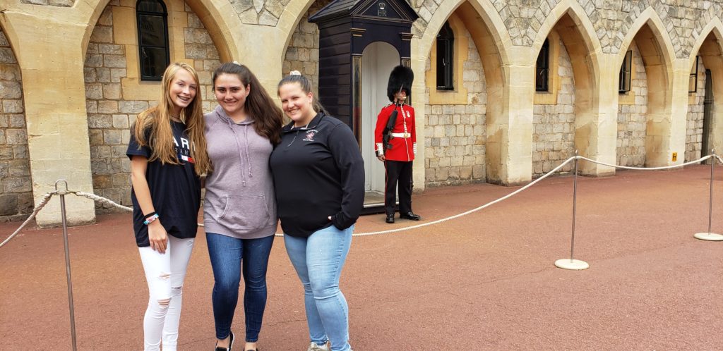 Girls in front of Guards, Windsor Castle, London, England, Summer Three-city tour