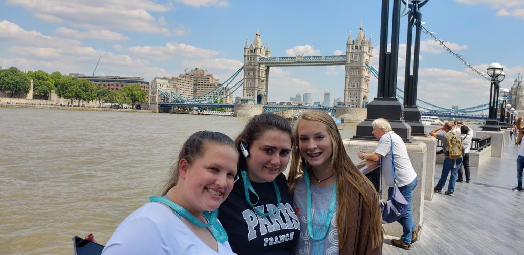 The girls in front of Tower Bridge, London, England, Summer Three-city tour